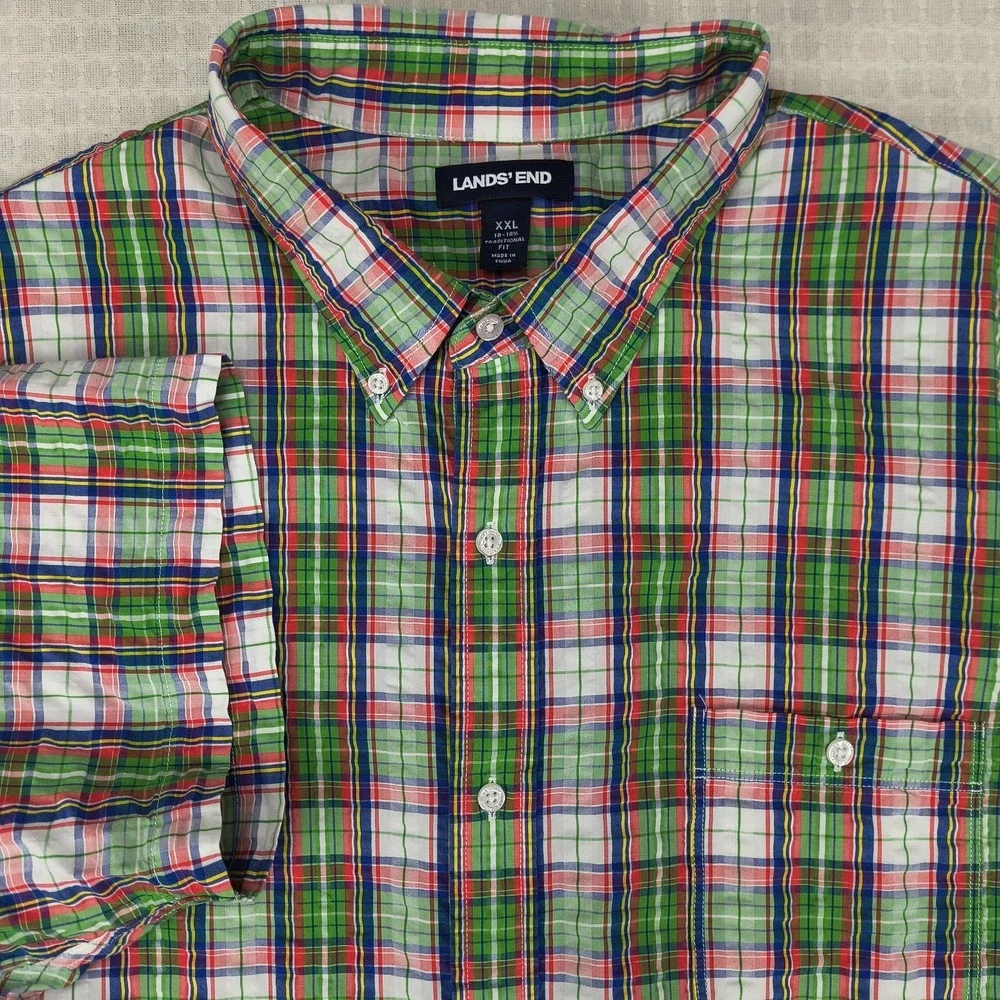 Lands End Men XXL Traditional Fit Short Sleeve Button Down Plaid Shirt Green Red